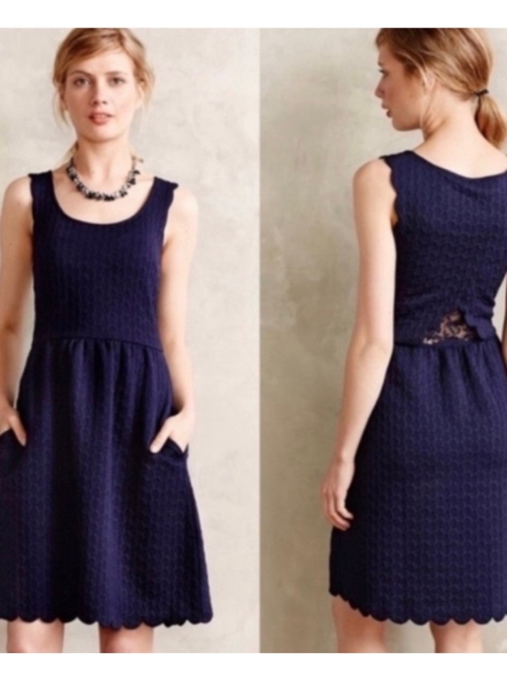 Maeve Navy Textured Sleeveless Scallop-Hem Dress | Women’s Small